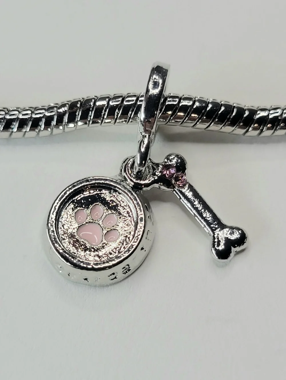 New For Pandora Charm Bracelets Pink And Silver Color Dog Bowl And Bone Charm!